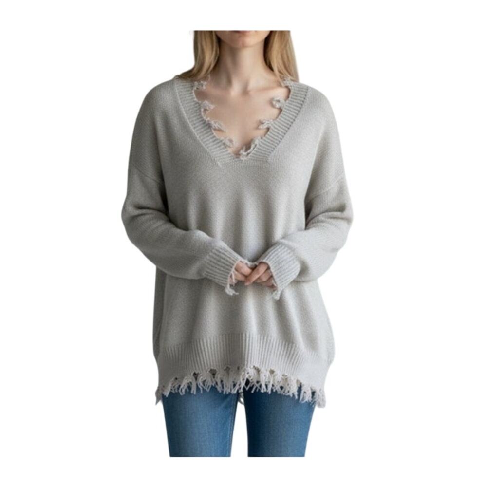 Peach Love California Women's Small Solid Gray V-Neck Long Sleeve Sweater